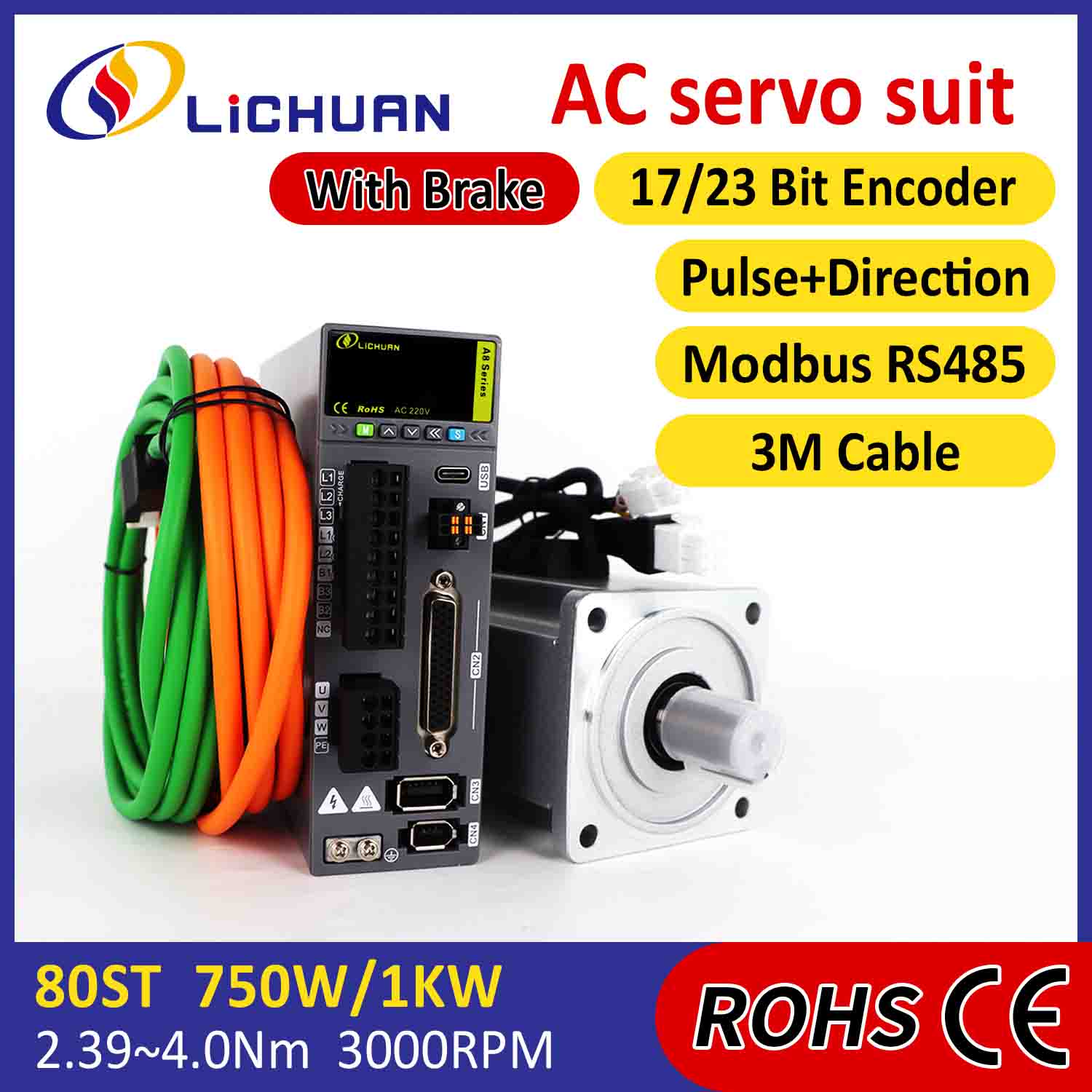Lichuan AC Servo Motor Drivers Kit A8 Høj nøjagtighed STO ABZ 1000W 1KW 3.2N.m 220V 5.8A 2500/3000RPM IP65