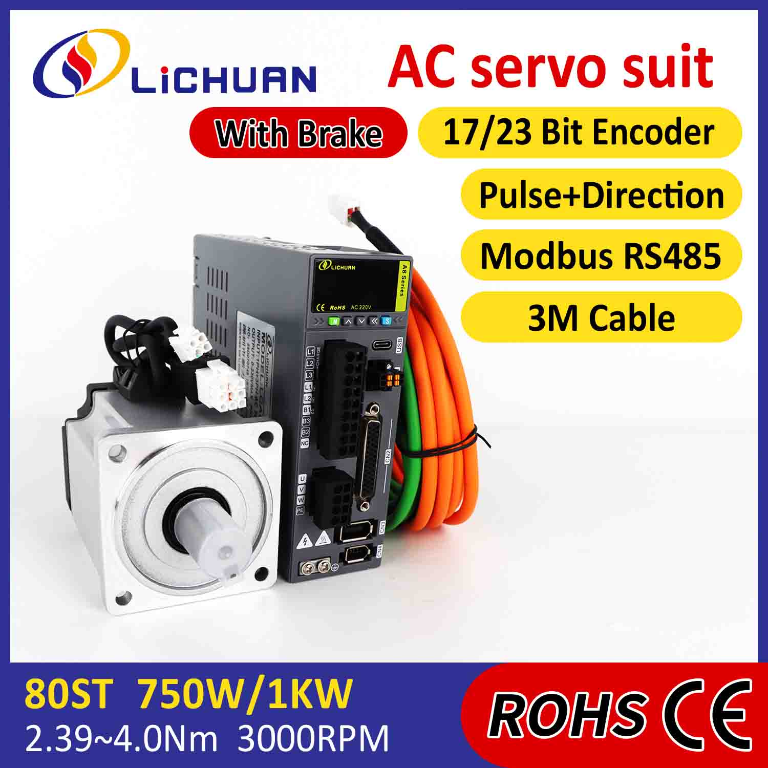 Lichuan AC Servo Motor Drivers Kit A8 Høj nøjagtighed STO ABZ 1001W 1KW 4.0N.m 220V 4.6A 2500/3000RPM IP65