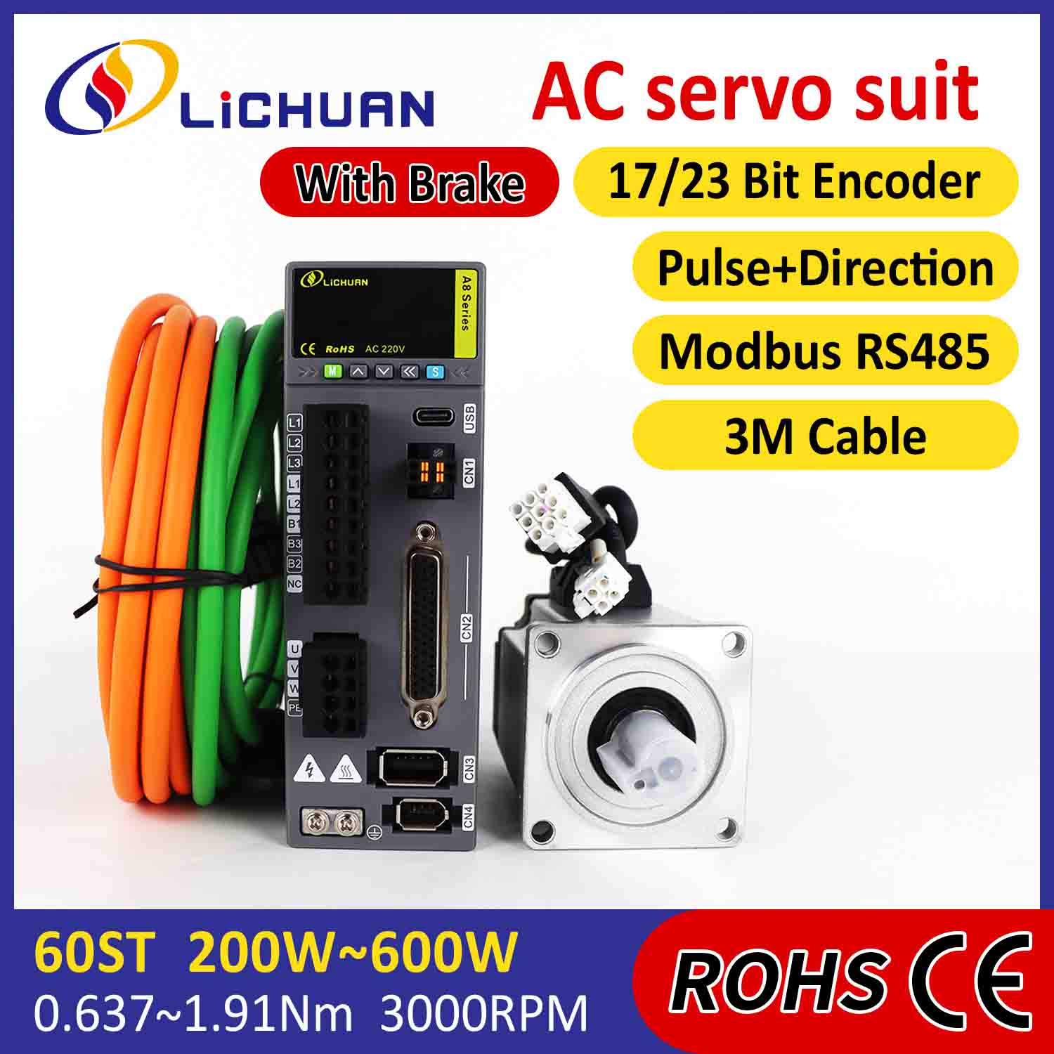 Lichuan AC Servo Motor Drivers Kit A8 Høj nøjagtighed STO ABZ 200W 0,637N.m 220V 1,6A 3000RPM IP65