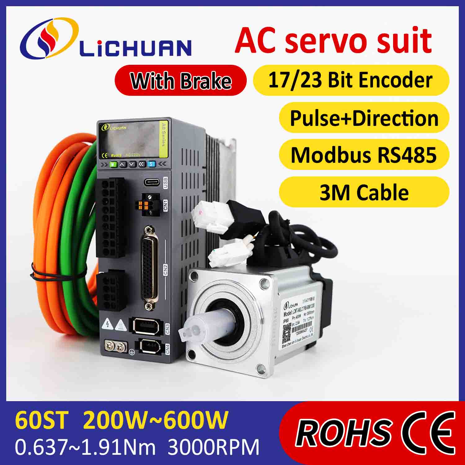 Lichuan AC Servo Motor Drivers Kit A8 Høj nøjagtighed STO ABZ 400W 1.27N.m 220V 2.5A 3000RPM IP65