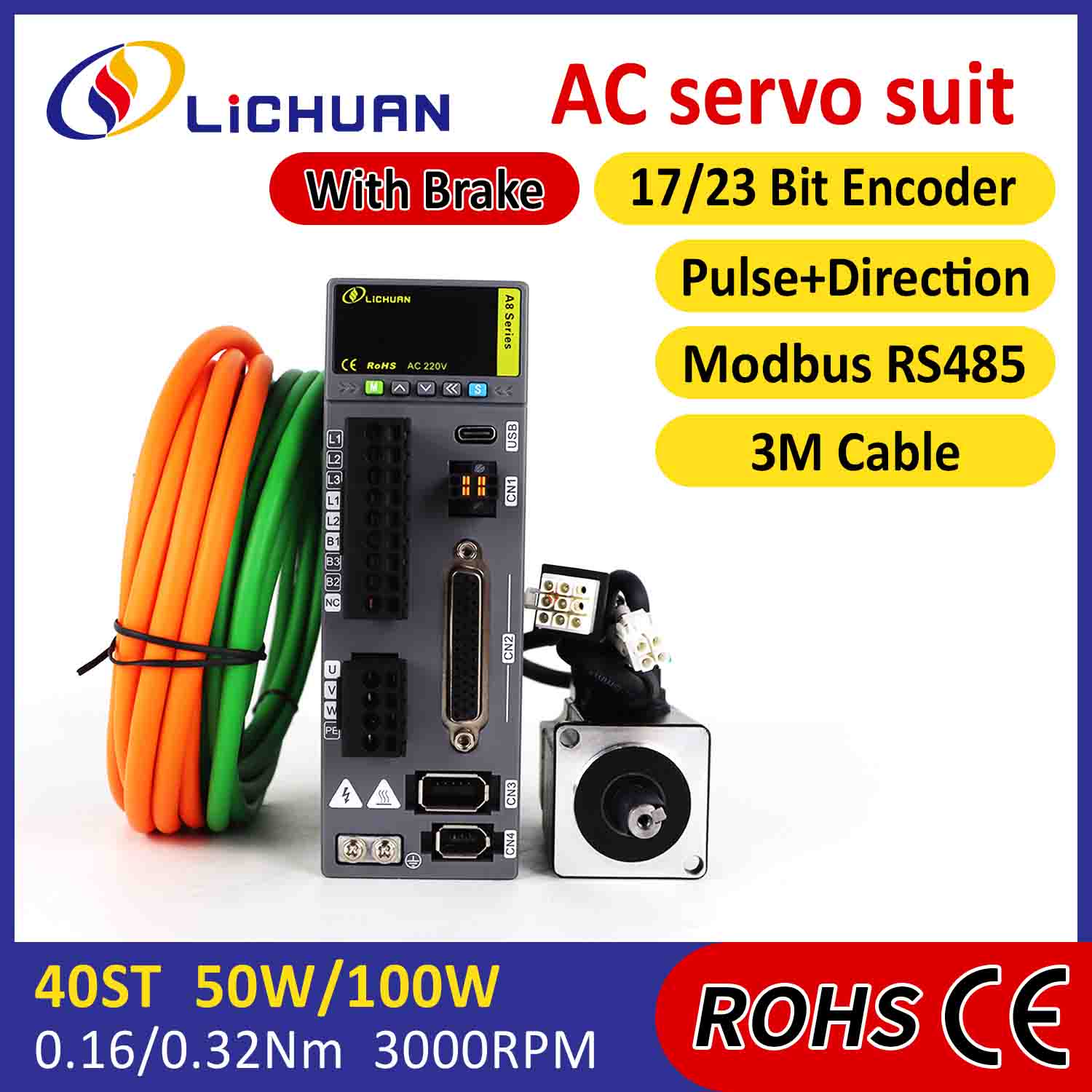 Lichuan AC Servo Motor Drivers Kit A8 Høj nøjagtighed STO ABZ 50W 0,16N.m 220V 0,8A 3000RPM IP65