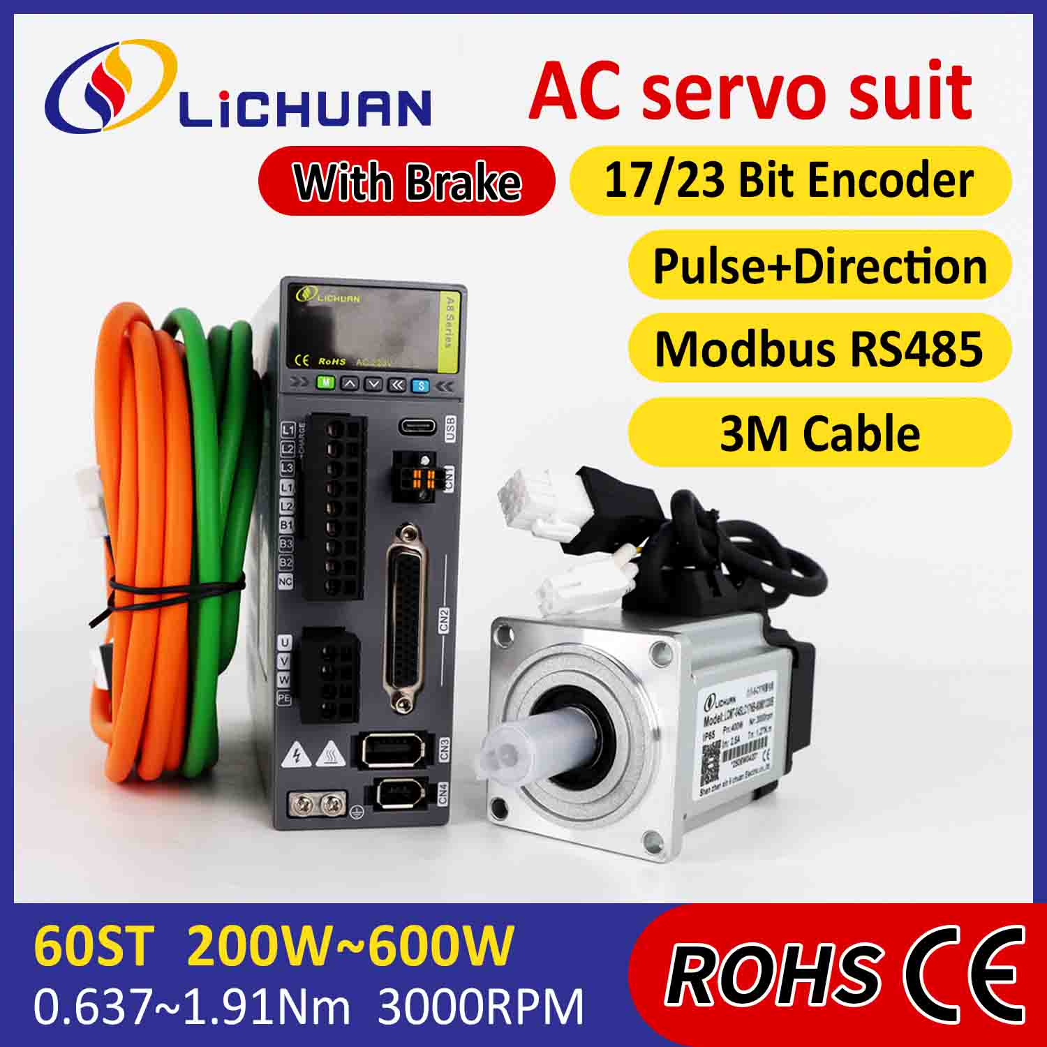 Lichuan AC Servo Motor Drivers Kit A8 Høj nøjagtighed STO ABZ 600W 1.91N.m 220V 3.3A 3000RPM IP65
