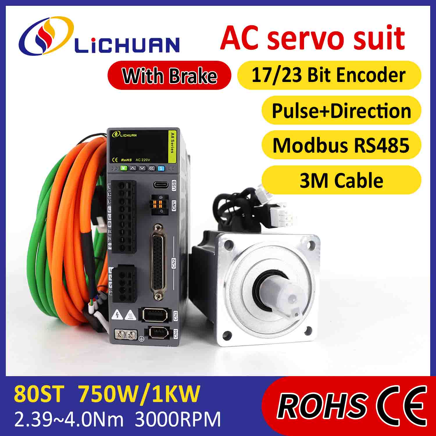 Lichuan AC Servo Motor Drivers Kit A8 Høj nøjagtighed STO ABZ 750W 0,75KW 2,39N.m 220V 4,5A 2500/3000RPM IP65