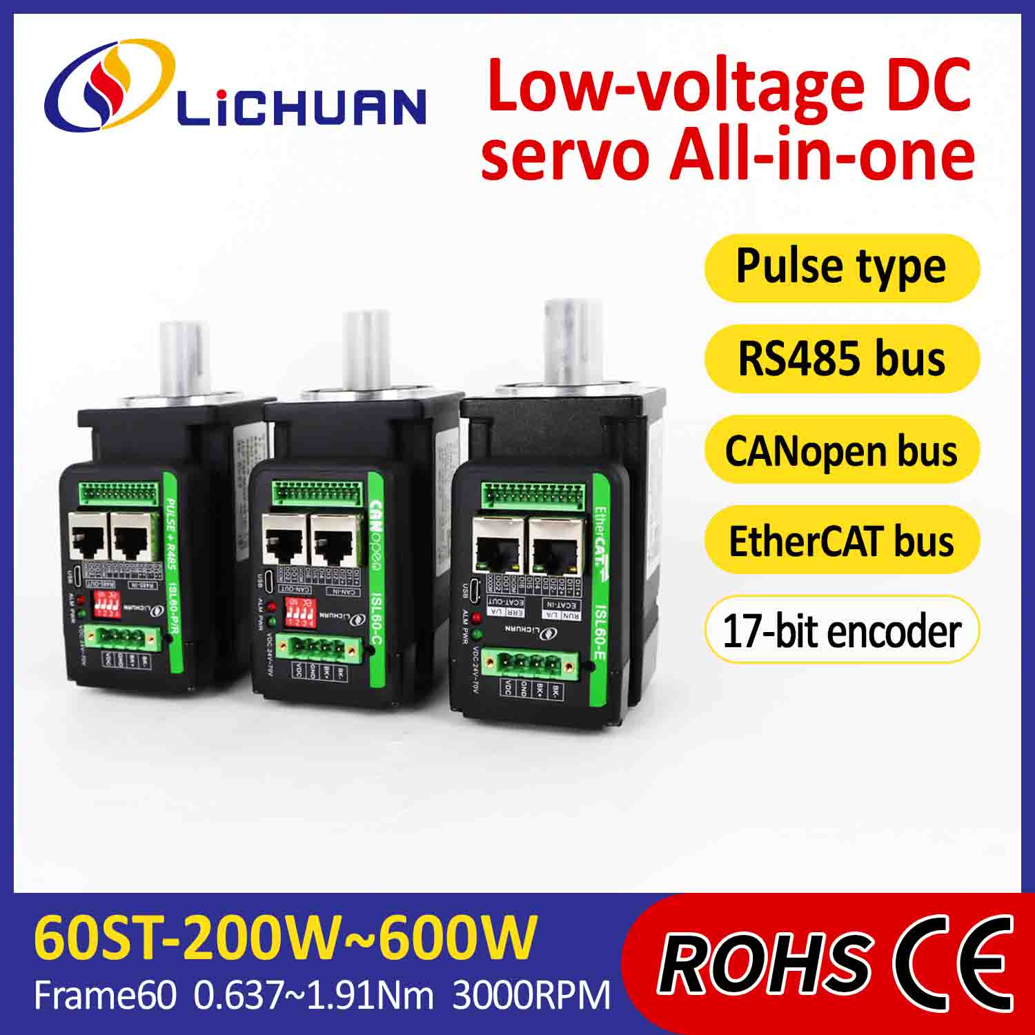Lichuan integrerede servomotorer driver L-formet 400W 1.27N.m DC24/48V 6.0/10/12/15A 3000RPM IP65