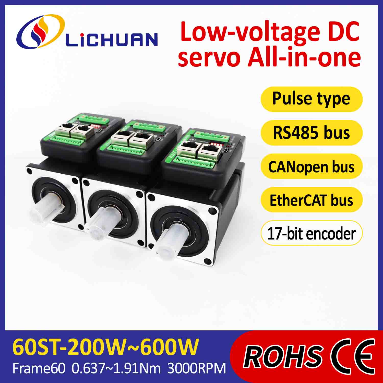 Lichuan integrerede servomotorer driver L-formet 600W 1.91N.m DC24/48V 6.0/10/12/15A 3000RPM IP65