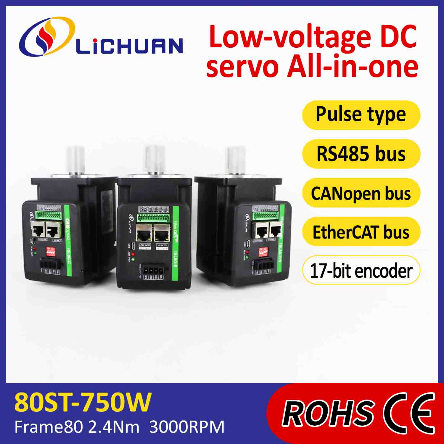Lichuan Integrated Servo Motors Driver L-formet 750W 2,4N.m DC48V 20A 3000RPM IP65