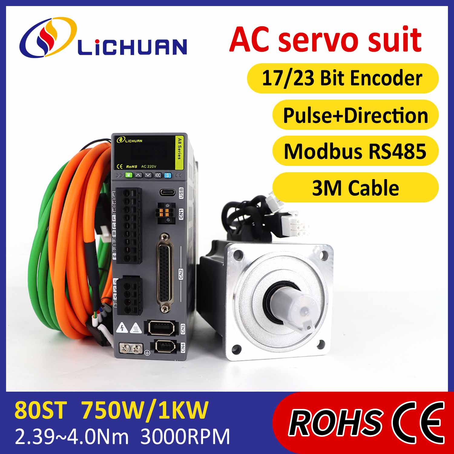 Puls/RS485 750W/1000W/1001W 2500/3000RPM A8 Høj nøjagtighed STO ABZ AC Servo Motor Drivers Kit