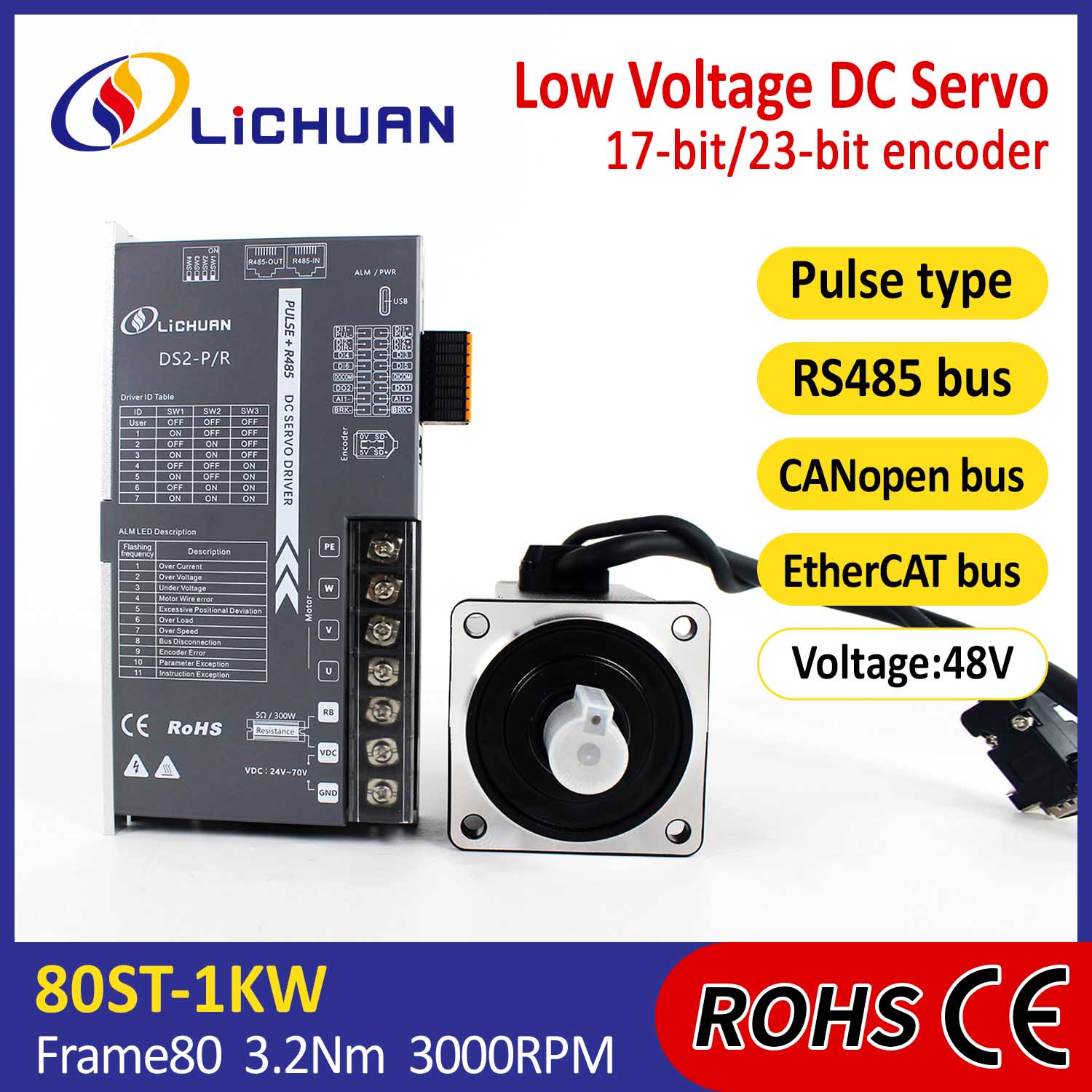 Pulse/RS485/CANopen/EtherCAT 80 FLANGES 1KW/1000W Lavspændings DC Servo Motor Drivers Kit